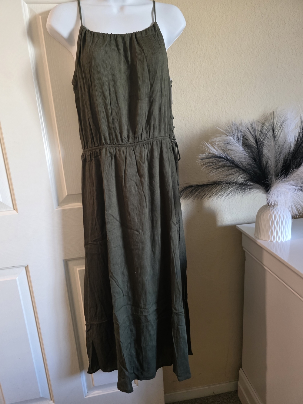Sleeveless Olive Green Maxi Dress with Drawstring Waist